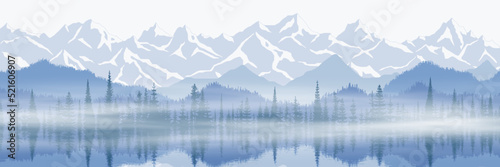 Fototapeta Naklejka Na Ścianę i Meble -  Sunset on the lake, picturesque reflection. Mountain landscape, panoramic view of ridges and forest in fog, vector illustration.