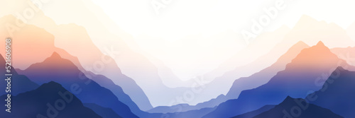 Fototapeta Naklejka Na Ścianę i Meble -  Sunrise in the mountains, mountain ranges in the morning haze, panoramic view, vector illustration