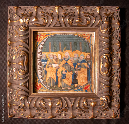 An illuminated painting, Spanish, C15th and dated within the painting to 1505. Showing the Saints of the Catholic Church, especially St James, the patron saint of Spain.  photo