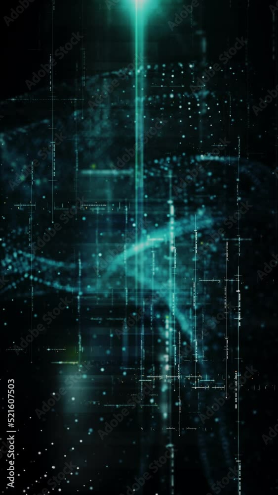 Vertical screen Format : Futuristic abstract de-focus Metaverse data matrix, meta, telemetry and encrypt numbers display with particles simulation in cyber space environment for HUD loop background Vertical screen Format : Futuristic abstract de-focus Metaverse data matrix, meta, telemetry and encrypt numbers display with particles simulation in cyber space environment for HUD loop background