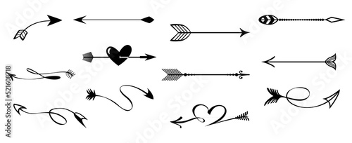 Hand drawn arrows. Black arrows. Arrows sketch, 

Black & White, Heart, Twisted, Swirl, twisted, 

curved, Love. arrow curved sketch love sign.
