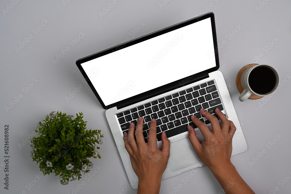 Fototapeta premium Overhead view woman hands typing on laptop computer. Blank screen for your advertise text