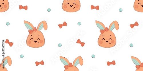 Hand drawn illustration of a cute rabbit girl face with a bow on her ears. Whimsical bunny character. Seamless pattern 