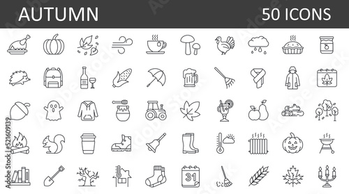 Set of 50 autumn outline icons. Collection of fall related objects, plants and animals, holidays, celebrations. Seasonal vector symbols.