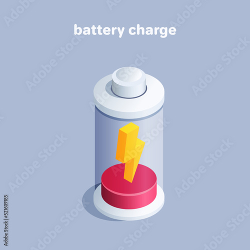 isometric vector illustration on gray background, battery icon with one red division and lightning, battery charging