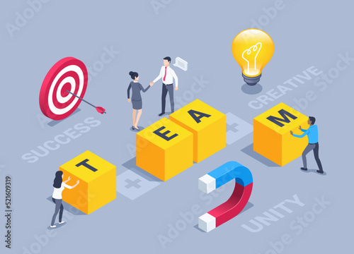 isometric vector illustration on a gray background, people in business clothes shift cubes with the word team and target icons with light bulb and magnet, team building or teamwork