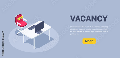 isometric vector illustration on a gray background, an office table with a computer and a red chair with a vacant sign, a landing page on the theme of a vacancy