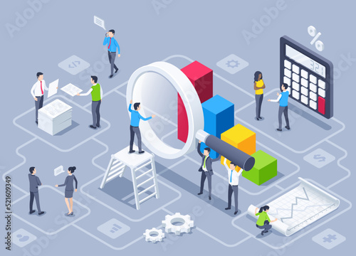 isometric vector illustration on a gray background, people in business clothes work with statistical data, office work in a well-coordinated team
