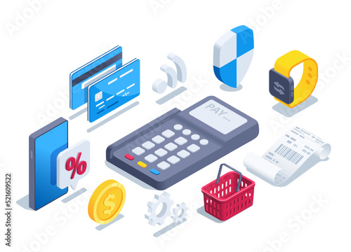 isometric vector illustration on a white background, a set of icons on the topic of cashless payment through the terminal