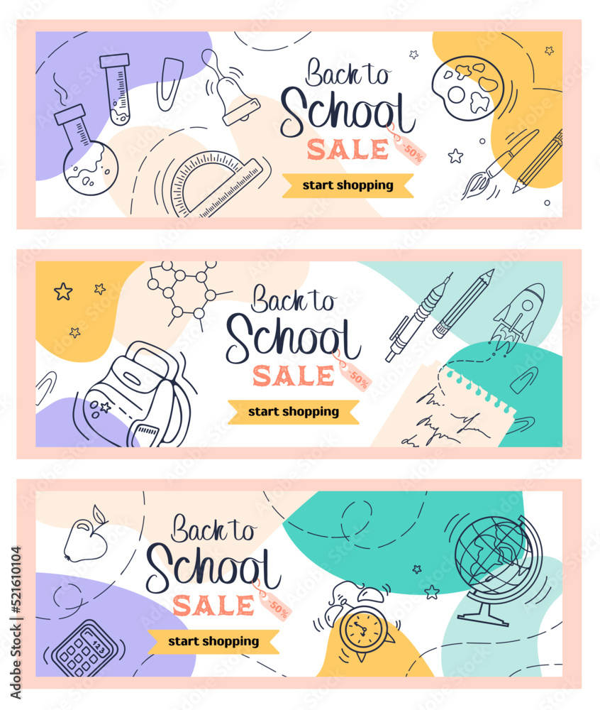 Welcome Back to school. Set bright horizontal modern banner in sketch style and pastel colors. Learning attributes - globe, alarm clock, backpack, notebook. For advertising banner, website, sale flyer