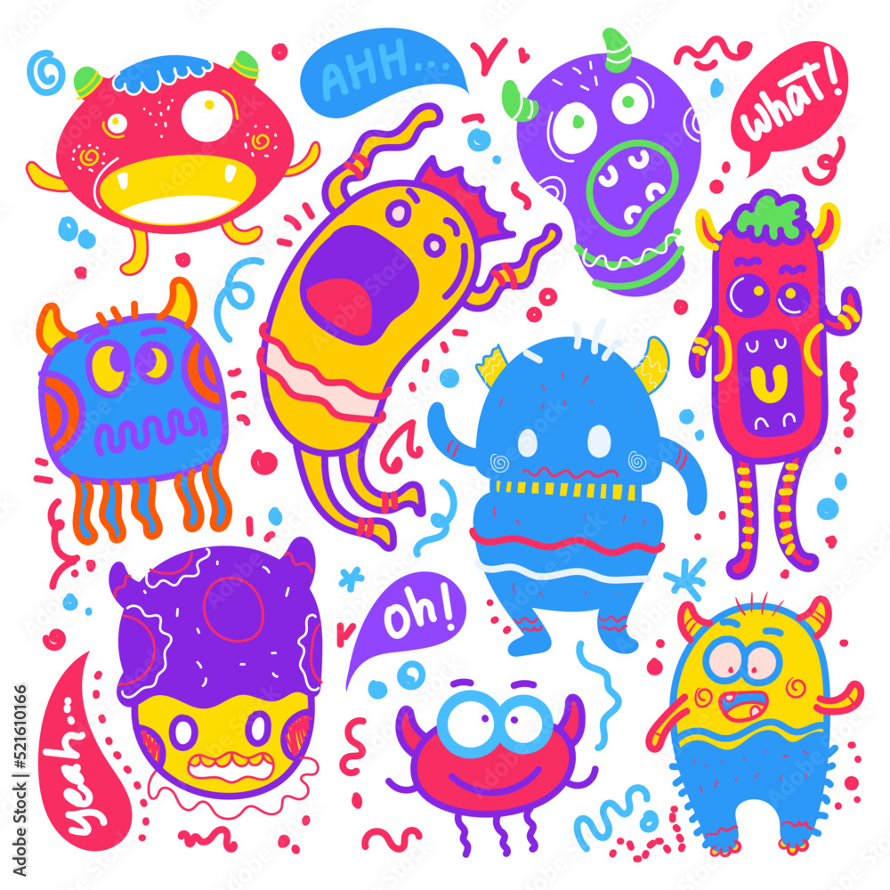 Doodle cute monster sticker icons hand drawn coloring vector illustration