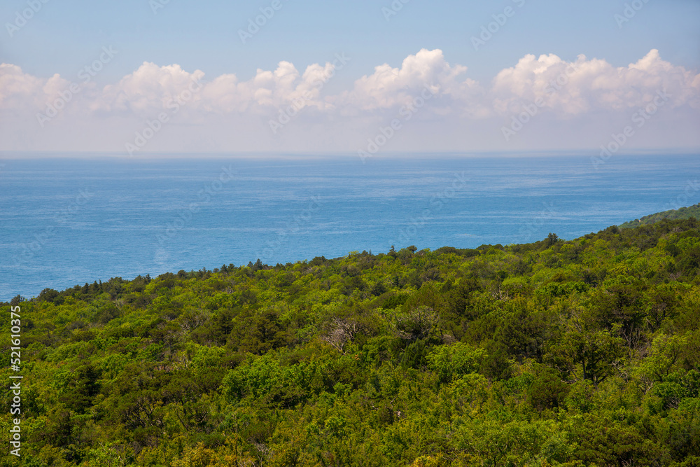 Aerial view of of the nature reserve Mali Utrish and Black Sea on sunny summer day Aerial view of of the nature reserve Mali Utrish and Black Sea on sunny summer day