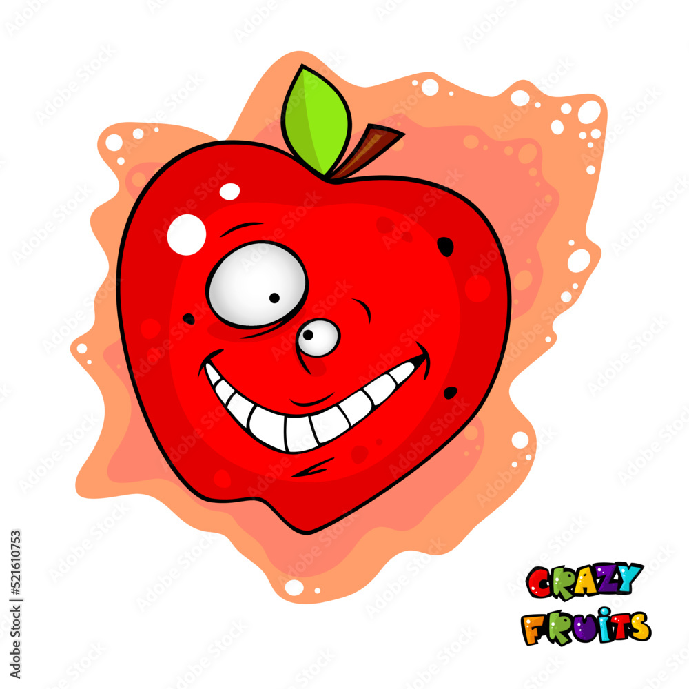 Obraz premium Cute crazy fruit collection, one of them apple. Cartoon character for your food design. Healthy food concept. Vegan, vegetarian and diet, sport food. Smoothies and juices, jams.