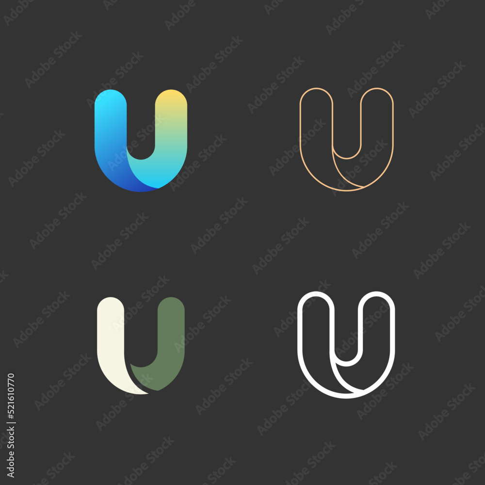 Obraz premium Collection of abstract U letters. Colorful and outline icons, signs design concept isolated on dark background. Vector illustration.