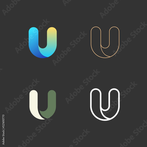 Collection of abstract U letters. Colorful and outline icons, signs design concept isolated on dark background. Vector illustration.
