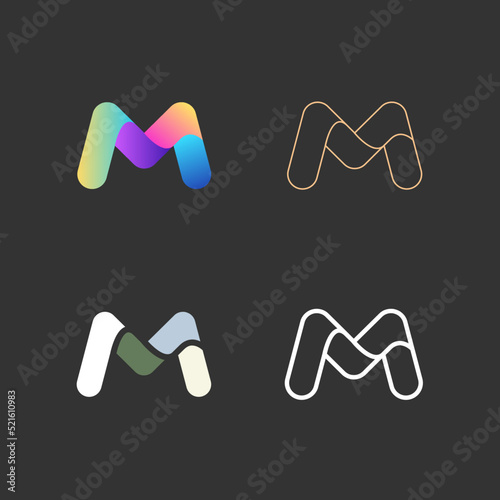 Letter M logo vector set. Abstract icons, signs, logotypes in different styles isolated on black background.