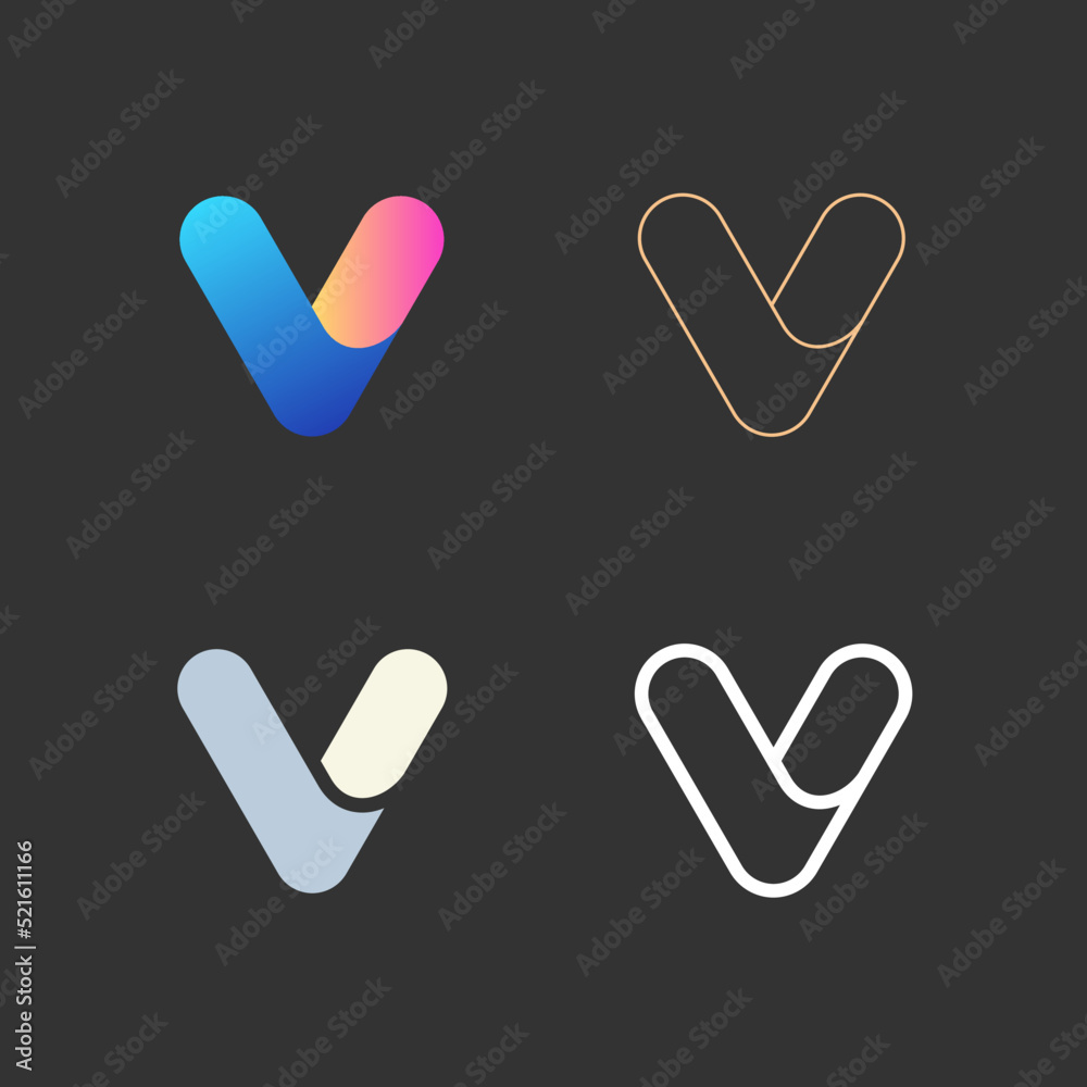 Collection of abstract V letters. Colorful and outline icons, signs design concept isolated on dark background. Vector illustration. Collection of abstract V letters. Colorful and outline icons, signs design concept isolated on dark background. Vector illustration.