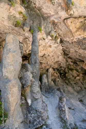 Pillars (Stalagnate or column) made from joined stalactite and stalagmite having grown together., the Anisclo Canyon, Ordesa National Park, Aragon Spain