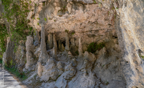 Pillars (Stalagnate or column) made from joined stalactite and stalagmite having grown together, the Anisclo Canyon, Ordesa National Park, Aragon Spain photo