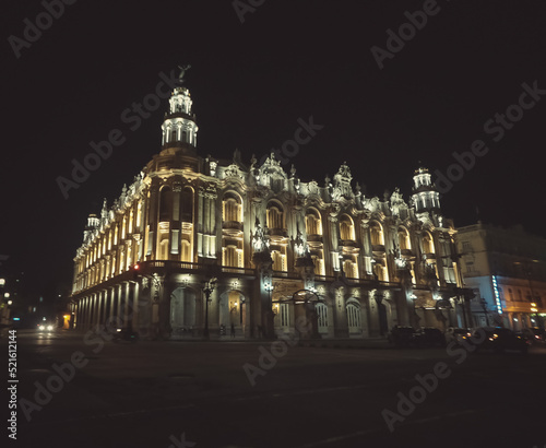 Night view of the Gran Teatro de La Habana (Great Theatre of Havana) and the famous hotel Inglaterra near the Central Park in Havana, Cuba photo