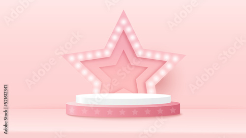 Podium platform to show product with star backdrop with light sign and spotlight on pink background. Vector illustration