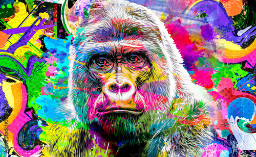 colorful artistic gorillas monkey muzzle with bright paint splatters on abstract background. photo