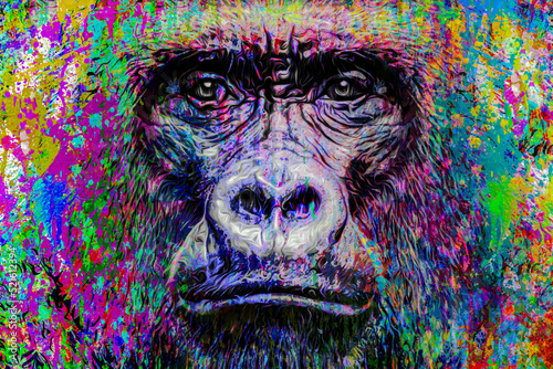 colorful artistic gorillas monkey muzzle with bright paint splatters on abstract background. photo