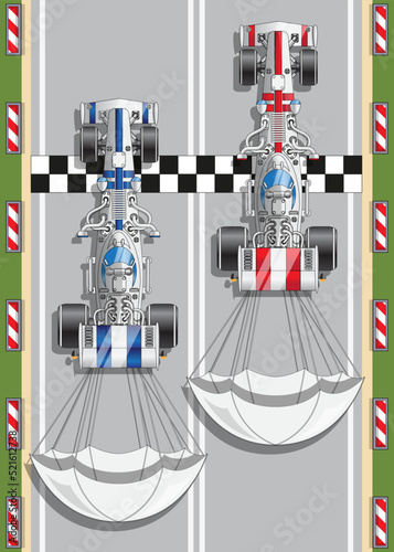 Drag Racing cars at the finish line. View from above. Vector illustration. 
