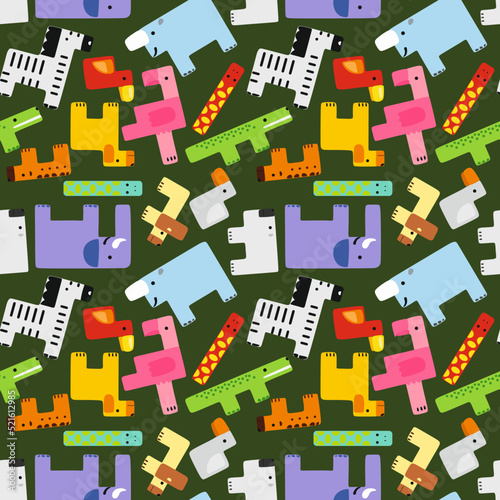 A pattern from a set of animal figures in the Tetris game. Guess the animal puzzle. Tetris in the form of animals. Elephant, giraffe, pigeon, flamingo, tiger, duck, lion, snake and others.