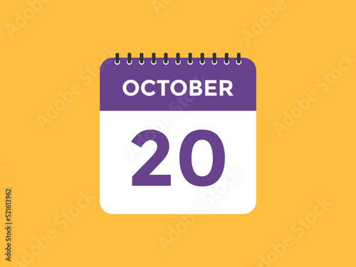 october 20 calendar reminder. 20th october daily calendar icon template. Calendar 20th october icon Design template. Vector illustration 