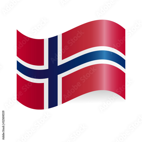 The Flag Of Norway. Blue and white cross on red. Waving the flag of the Kingdom of Norway. Illustration. Norwegian flag waving with the wind.