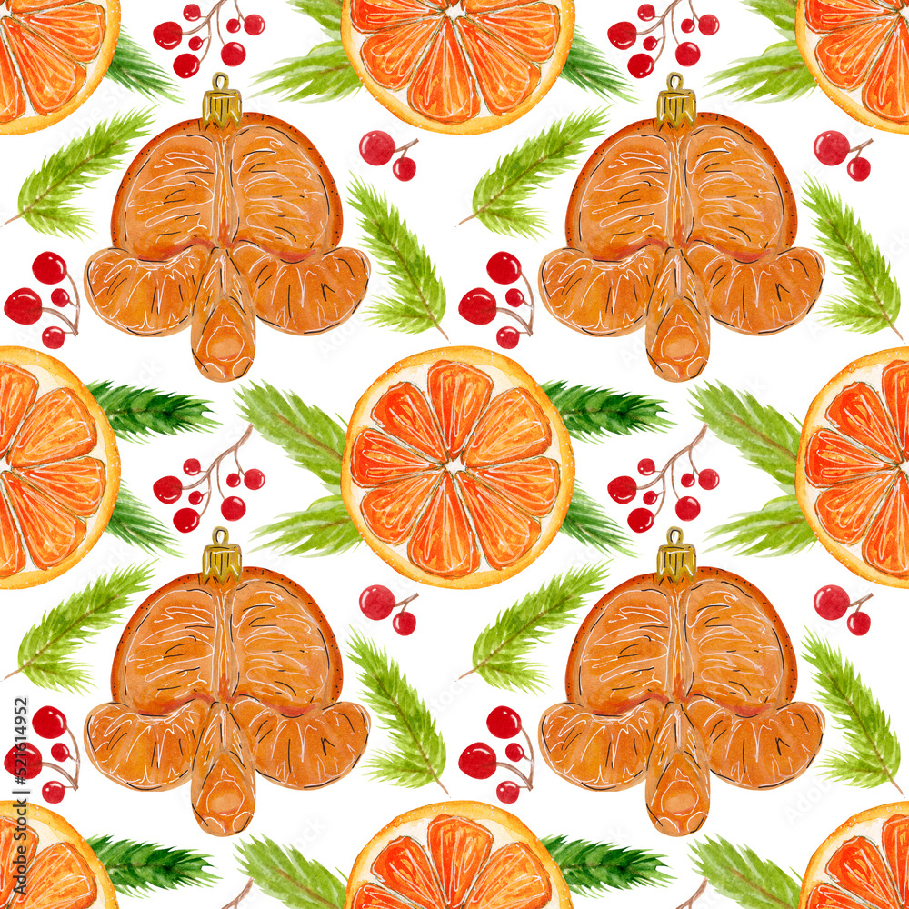 Watercolor pattern, Christmas elements on white background. Toy tangerine, orange slice, fir and bright red berries.