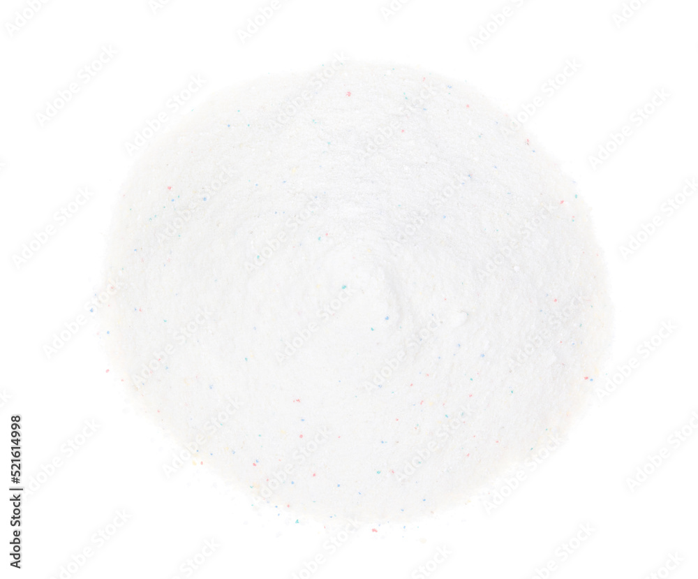Laundry detergent for washing machines isolated white background. Washing powder. White wash powder with with colored granules Laundry detergent for washing machines isolated white background. Washing powder. White wash powder with with colored granules