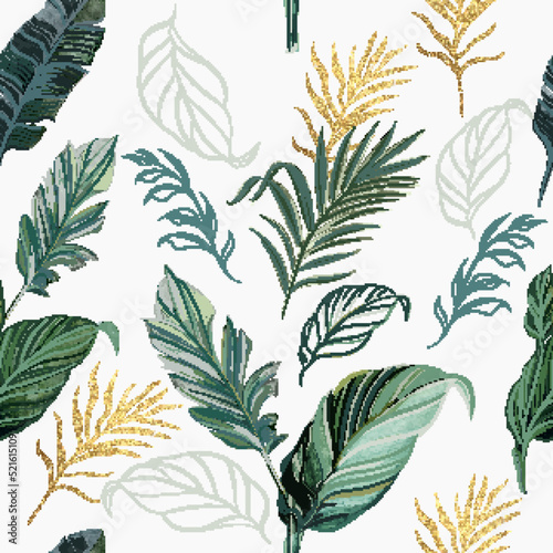 Tropical vector seamless pattern with palm and banana leaves