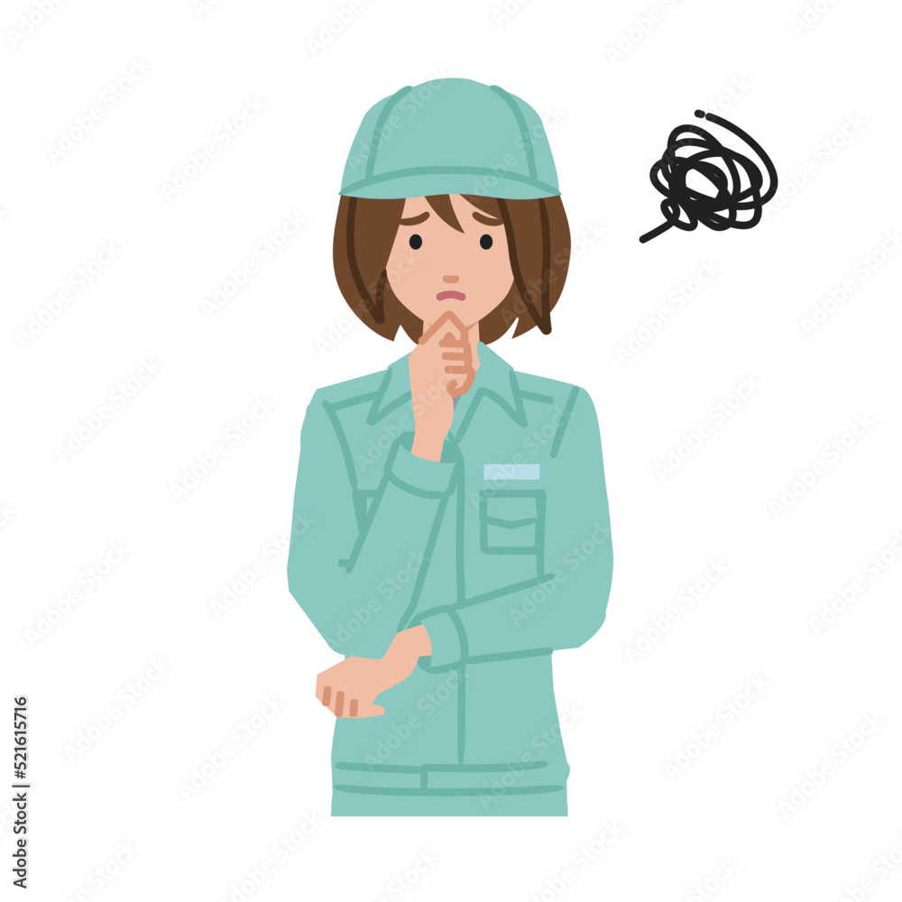 立って手をあごにあてて困っている作業員の女性