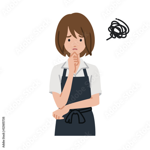 立って手をあごにあてて困っている店員の女性