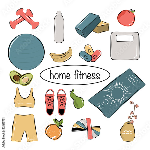 Home fitness. Collection of isolated vector elements. Healthy lifestyle. Sport. Colorful flat illustration for your creativity.