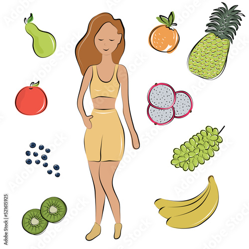 Slender girl and fruits. Healthy lifestyle. Balanced diet. Vegetarianism. Vitamins and minerals. Colorful flat illustration.