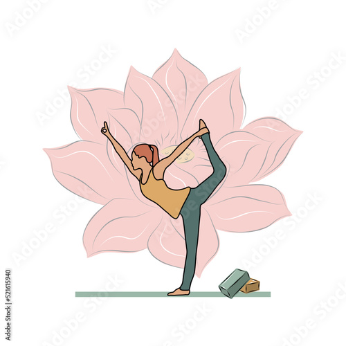 Yoga practice. Cover for invitations for the class of asanas. Lotus flower on the background. Colorful flat illustration.