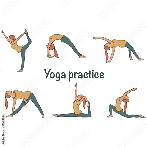 Vector collection of asanas. Isolated silhouettes of girls practicing yoga on a white background. Colorful flat illustration.