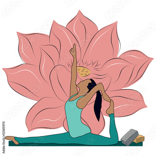 Yoga practice. Cover for invitations for the class of asanas. Lotus flower on the background. Colorful flat illustration.