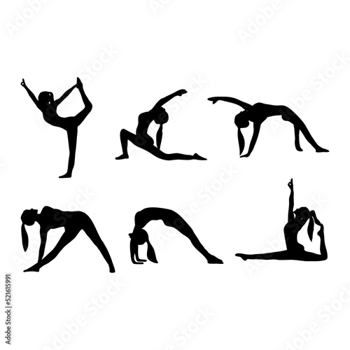 Vector isolated silhouette of girls practicing yoga. White background. Flat illustration.