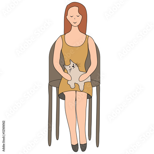 Vector isolated girl with a cat sit on a chair. Home comfort. Colorful flat illustration.