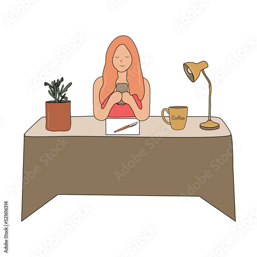The girl with the phone sits at the workplace.  Distant work.  Freelancer.  Indoor plant and lamp.  A cup of coffee, a piece of paper with a pen.  Colorful flat vector illustration.