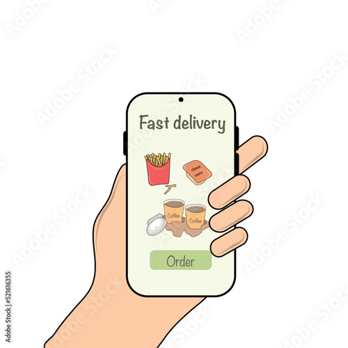 Phone in hand.  Mobile application for food delivery.  Vector isolated elements.  Colored flat illustration.