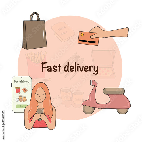 Vector collection of food delivery.  Mobile app.  Payment by card.  Disposable cutlery and wipes.  Drinks and food.  Colorful flat illustration.