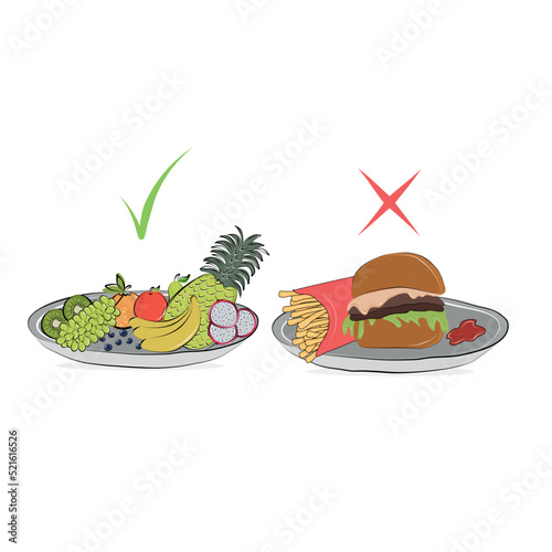 A plate of fruit and a plate of burger and fries. Choice. Healthy lifestyle. Fast food. Vector flat illustration.