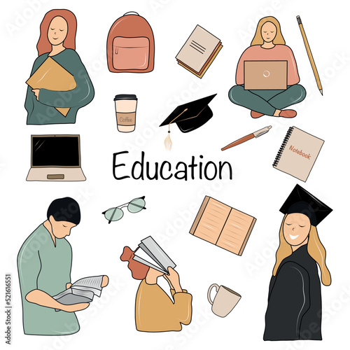 Vector education collection. Students and books. Backpack and laptop. Master and Bachelor. Education. Colorful flat illustration.