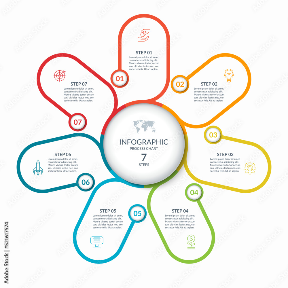 Infographic round chart with 7 steps, parts, options, processes. Vector circle infographic concept. Cycle diagram with thin line icons. Infographic round chart with 7 steps, parts, options, processes. Vector circle infographic concept. Cycle diagram with thin line icons.