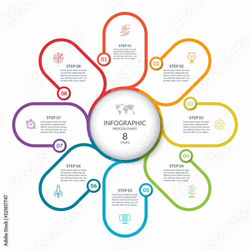 Infographic round chart with 8 steps, parts, options, processes. Vector circle infographic concept. Cycle diagram with thin line icons.